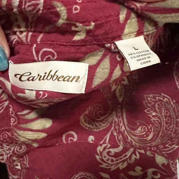 Caribbean Men’s Large Maroon Leaf Print Short Sleeve Shirt 2000s Cotton Blend - Picture 10 of 12